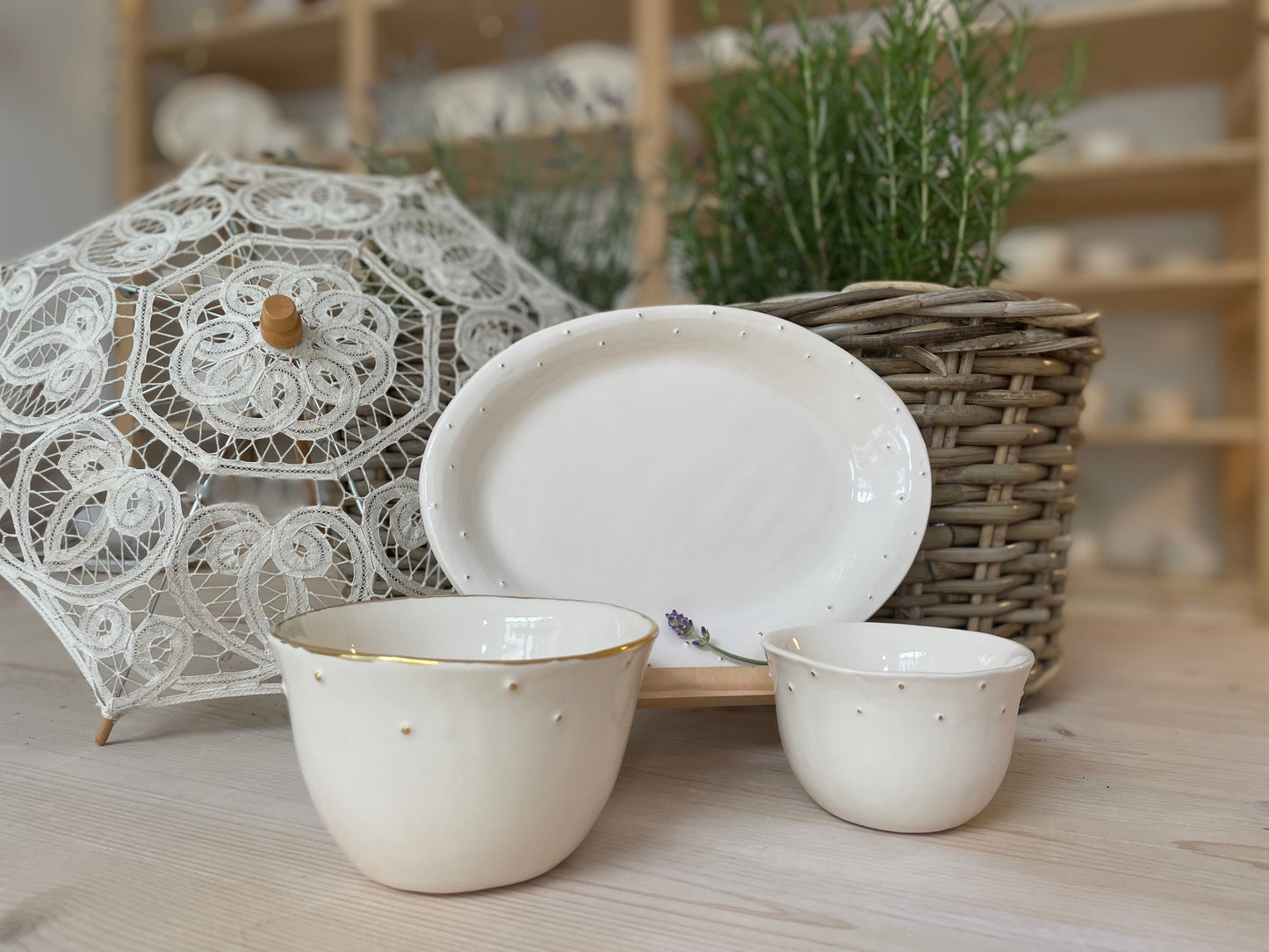 Collection Baronesse Morning set Cup, Big Bowl and Oval Plate with golden dots